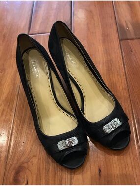 Coach Black Peep-Toe Heels with Silver Buckle Accent